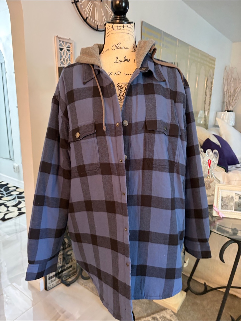 Men's Blue and Black Plaid Hooded Shirt Jacket